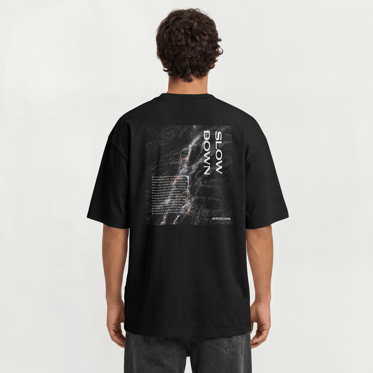 "Slow Down" Waterfall Graphic Tee – SS2026 Oversized Back Print T-Shirt