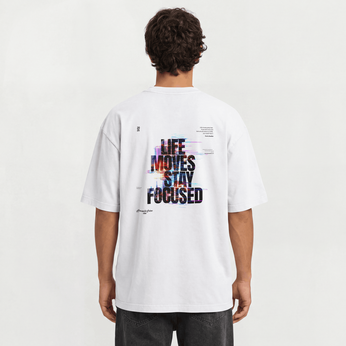 "Life Moves Stay Focused" Cyber Glitch Graphic Tee – Oversized Back Print T-Shirt