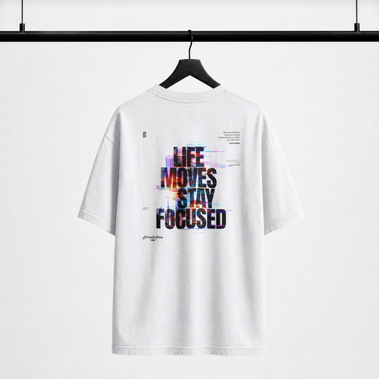 "Life Moves Stay Focused" Cyber Glitch Graphic Tee – Oversized Back Print T-Shirt