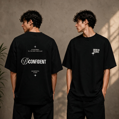 "Be Confident" Graphic Tee – Minimalist "Grow In Silence" Oversized Back Print T-Shirt