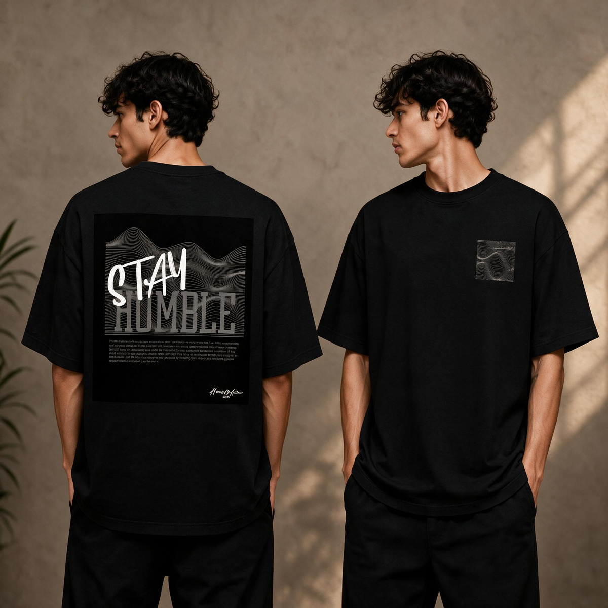 "Stay Humble" Topographic Graphic Tee – Abstract Wave Oversized Back Print T-Shirt