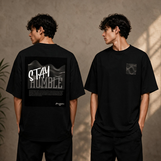 "Stay Humble" Topographic Graphic Tee – Abstract Wave Oversized Back Print T-Shirt