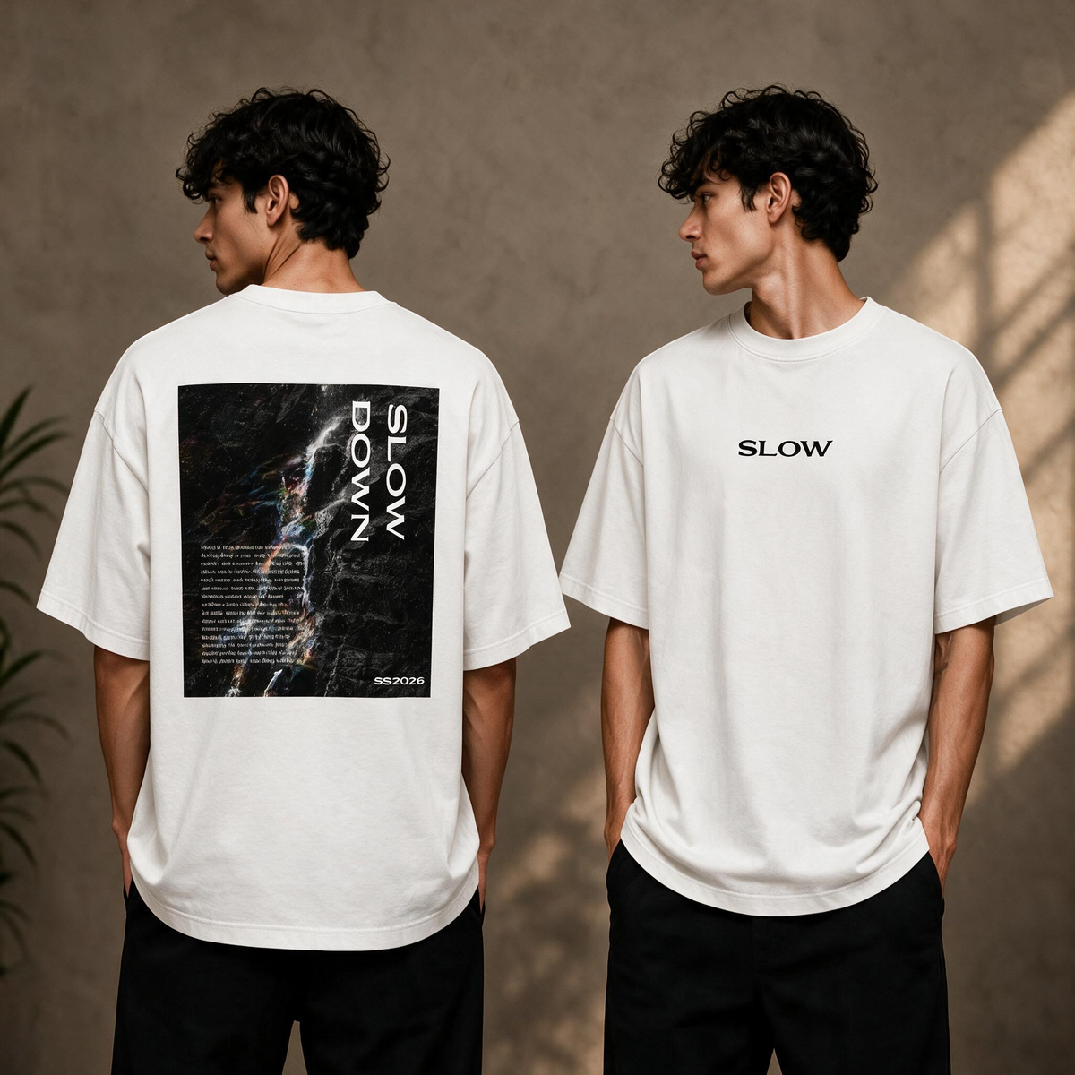 "Slow Down" Waterfall Graphic Tee – SS2026 Oversized Back Print T-Shirt