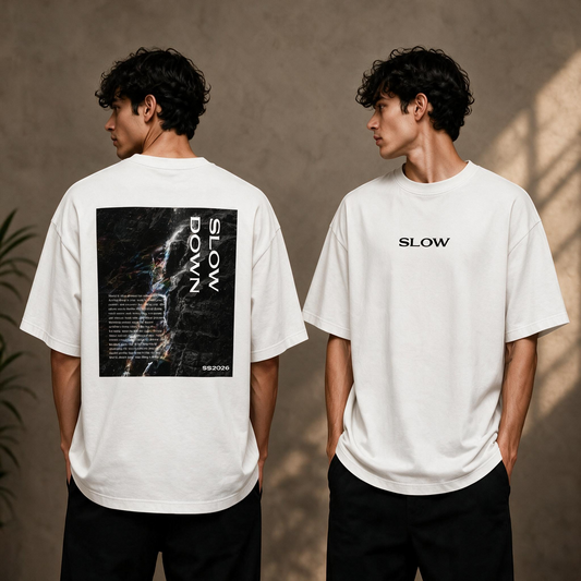 "Slow Down" Waterfall Graphic Tee – SS2026 Oversized Back Print T-Shirt