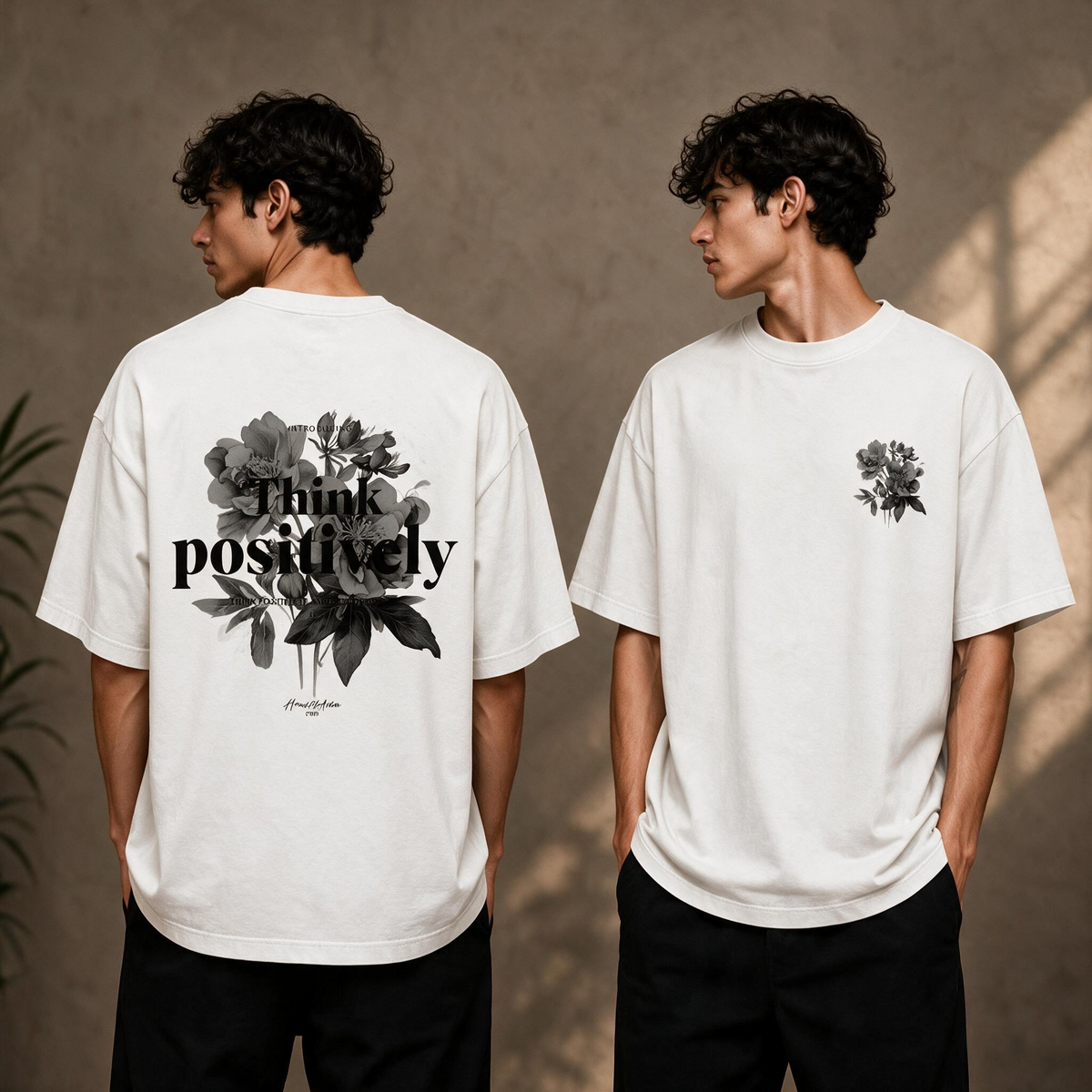 "Think Positively" Vintage Floral Graphic Tee – Oversized Back Print T-Shirt