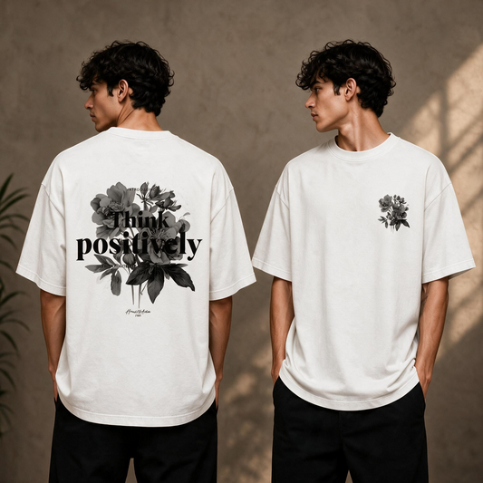 "Think Positively" Vintage Floral Graphic Tee – Oversized Back Print T-Shirt