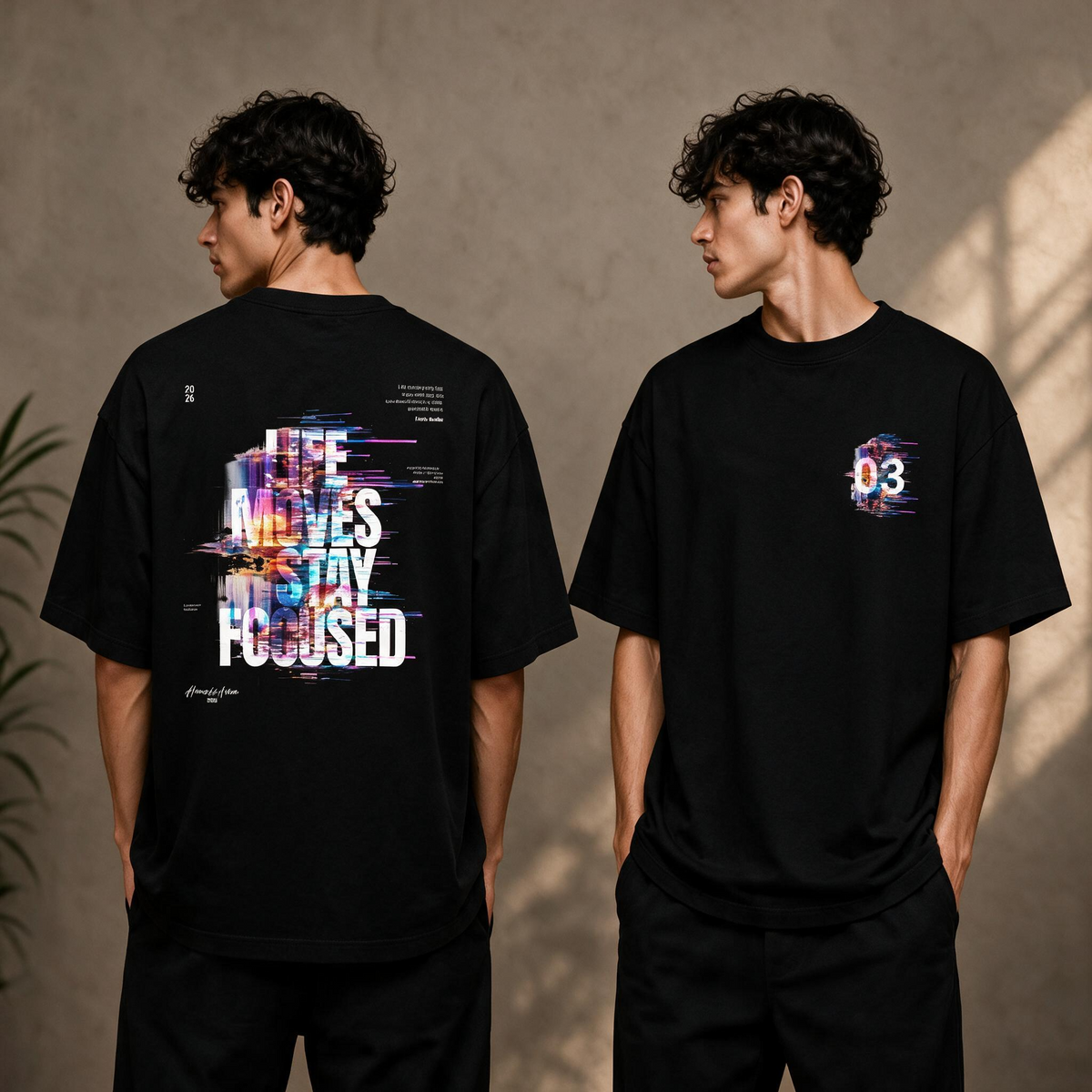 "Life Moves Stay Focused" Cyber Glitch Graphic Tee – Oversized Back Print T-Shirt