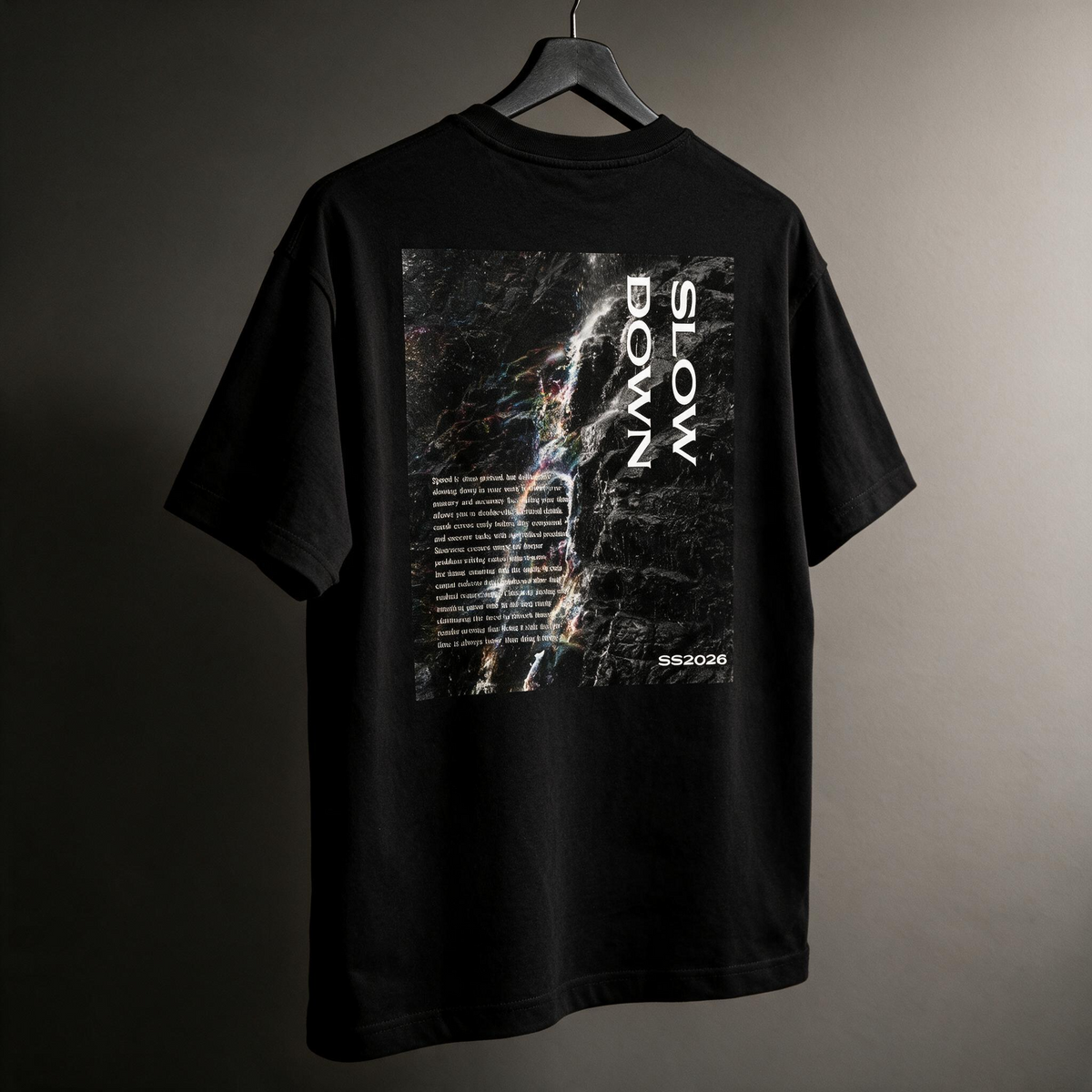 "Slow Down" Waterfall Graphic Tee – SS2026 Oversized Back Print T-Shirt