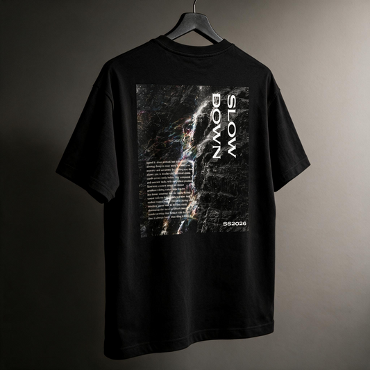 "Slow Down" Waterfall Graphic Tee – SS2026 Oversized Back Print T-Shirt
