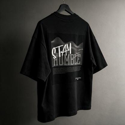 "Stay Humble" Topographic Graphic Tee – Abstract Wave Oversized Back Print T-Shirt