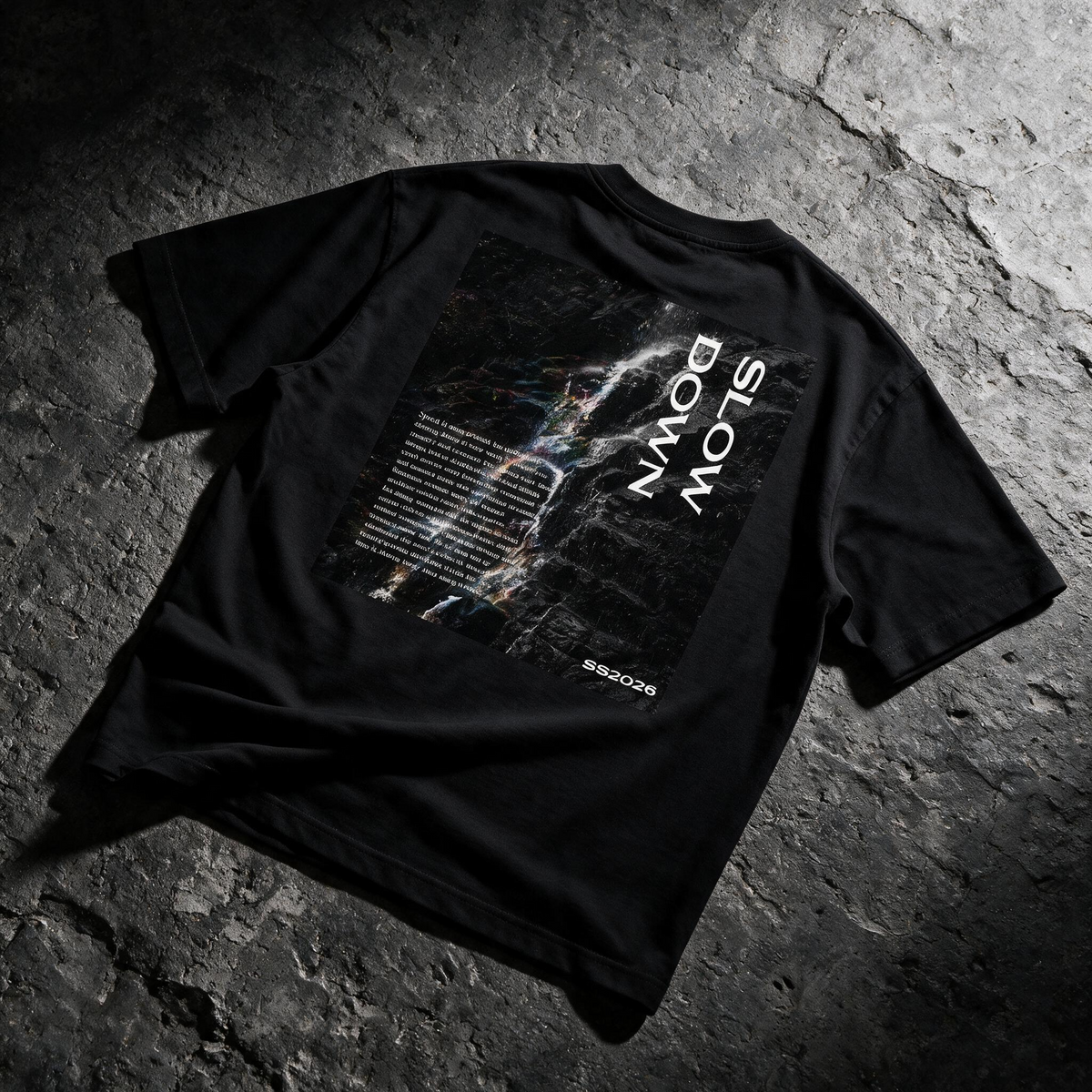 "Slow Down" Waterfall Graphic Tee – SS2026 Oversized Back Print T-Shirt