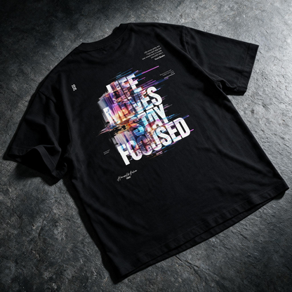 "Life Moves Stay Focused" Cyber Glitch Graphic Tee – Oversized Back Print T-Shirt